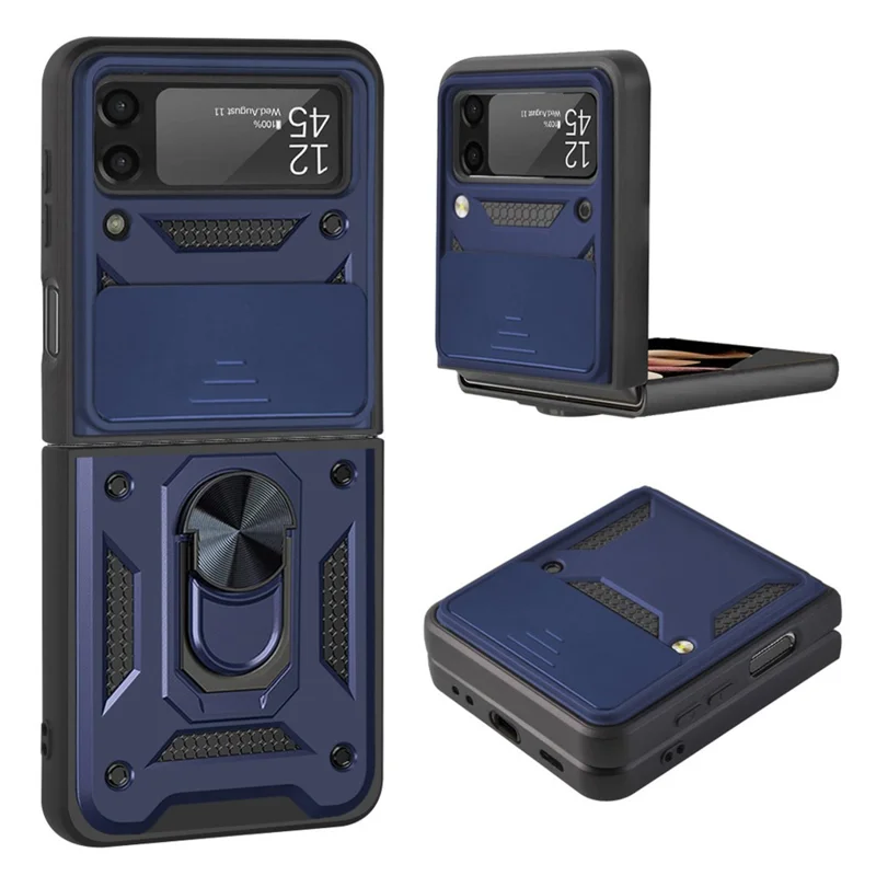 Camera Slide Cover Protective Phone Case Shell with Ring Holder Kickstand for Samsung Galaxy Z Flip3 5G - Blue