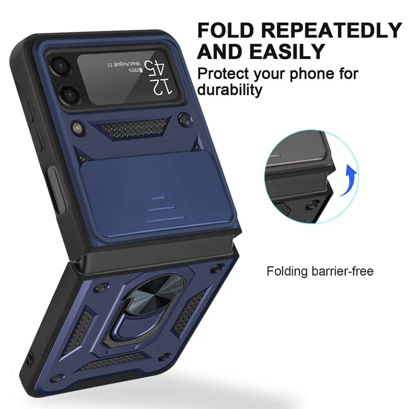 Camera Slide Cover Protective Phone Case Shell with Ring Holder Kickstand for Samsung Galaxy Z Flip3 5G - Blue
