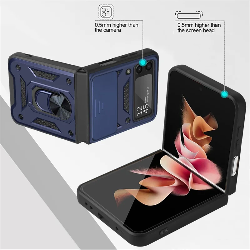Camera Slide Cover Protective Phone Case Shell with Ring Holder Kickstand for Samsung Galaxy Z Flip3 5G - Blue