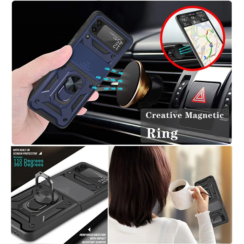 Camera Slide Cover Protective Phone Case Shell with Ring Holder Kickstand for Samsung Galaxy Z Flip3 5G - Blue