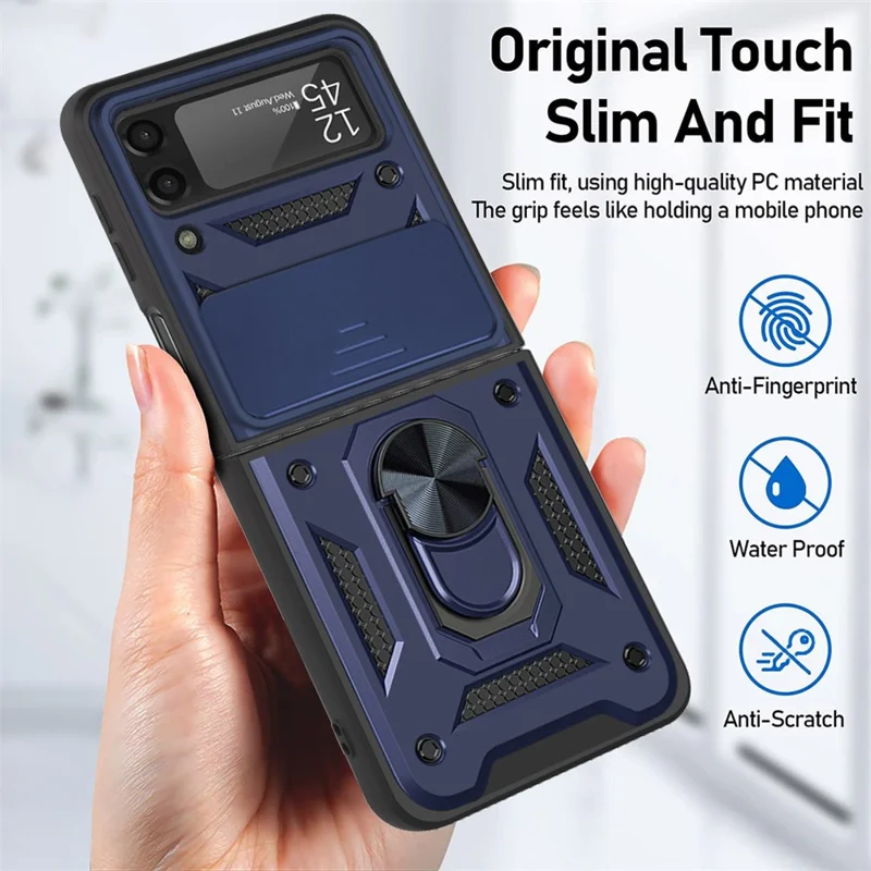 Camera Slide Cover Protective Phone Case Shell with Ring Holder Kickstand for Samsung Galaxy Z Flip3 5G - Blue