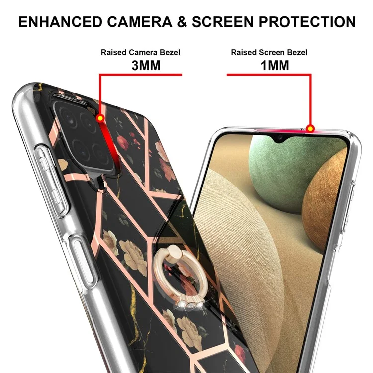 IMD Design Marble Pattern Soft TPU Phone Cover Back Protector Case with Ring Kickstand for Samsung Galaxy A12/M12/F12 - Black Flowers