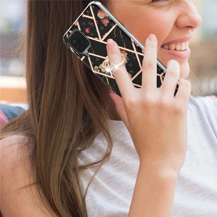 IMD Design Marble Pattern Soft TPU Phone Cover Back Protector Case with Ring Kickstand for Samsung Galaxy A12/M12/F12 - Black Flowers