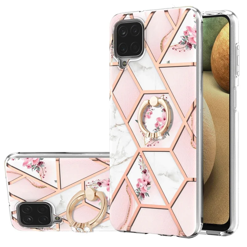 IMD Design Marble Pattern Soft TPU Phone Cover Back Protector Case with Ring Kickstand for Samsung Galaxy A12/M12/F12 - Pink Flowers