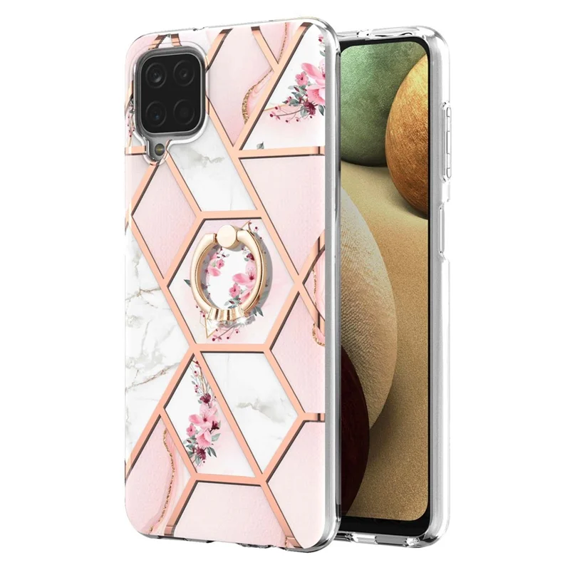 IMD Design Marble Pattern Soft TPU Phone Cover Back Protector Case with Ring Kickstand for Samsung Galaxy A12/M12/F12 - Pink Flowers