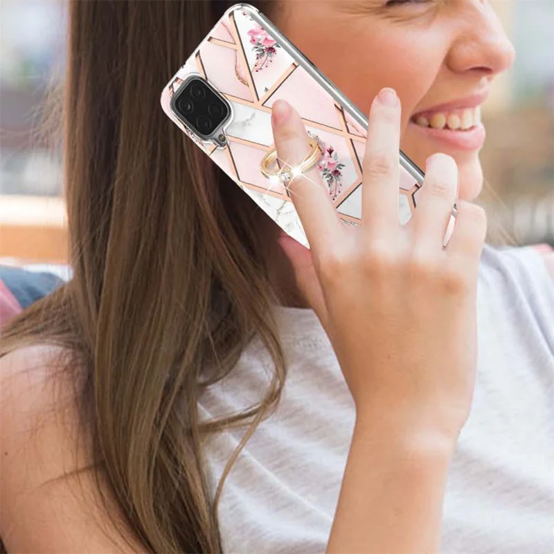 IMD Design Marble Pattern Soft TPU Phone Cover Back Protector Case with Ring Kickstand for Samsung Galaxy A12/M12/F12 - Pink Flowers