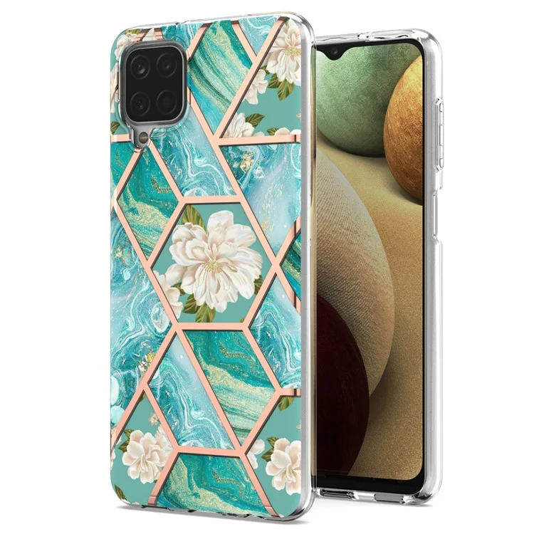 IMD Design Padrão de Mármore Padrão Soft TPU Tampa do Telefone Back Protector Case Com Ring Kickstand Para Samsung Galaxy A12/M12/F12 - Flores Azuis