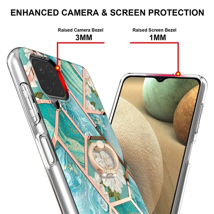 IMD Design Padrão de Mármore Padrão Soft TPU Tampa do Telefone Back Protector Case Com Ring Kickstand Para Samsung Galaxy A12/M12/F12 - Flores Azuis