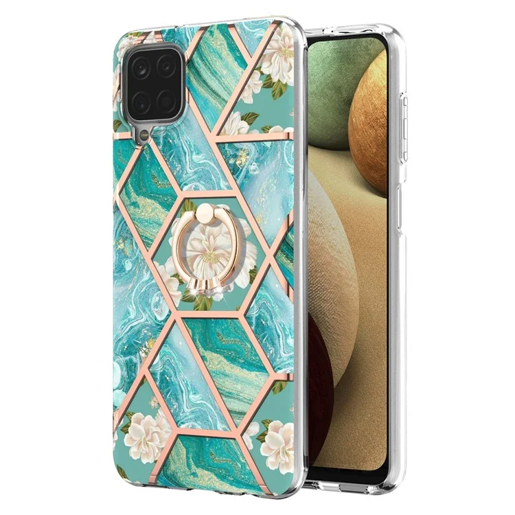 IMD Design Marble Pattern Soft TPU Phone Cover Back Protector Case with Ring Kickstand for Samsung Galaxy A12/M12/F12 - Blue Flowers