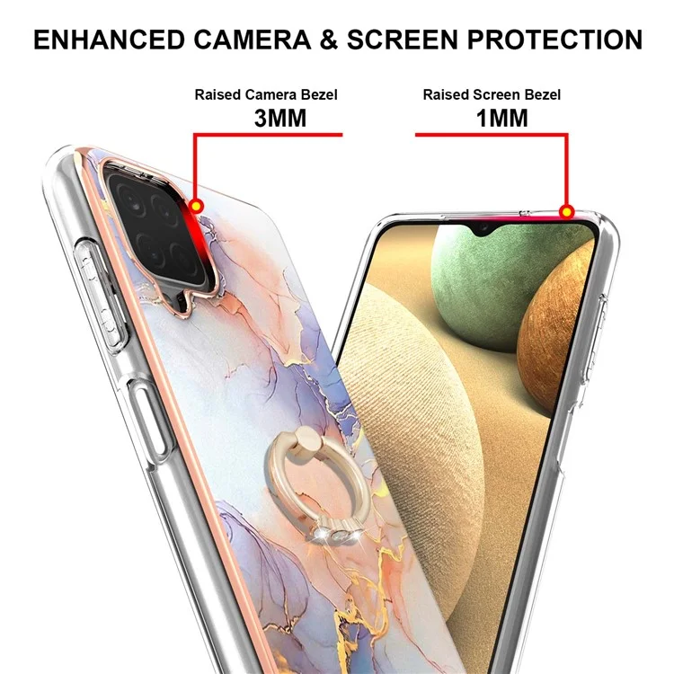 IMD Design Marble Pattern Soft TPU Phone Cover Back Protector Case with Ring Kickstand for Samsung Galaxy A12/M12/F12 - Milky Way Marble White