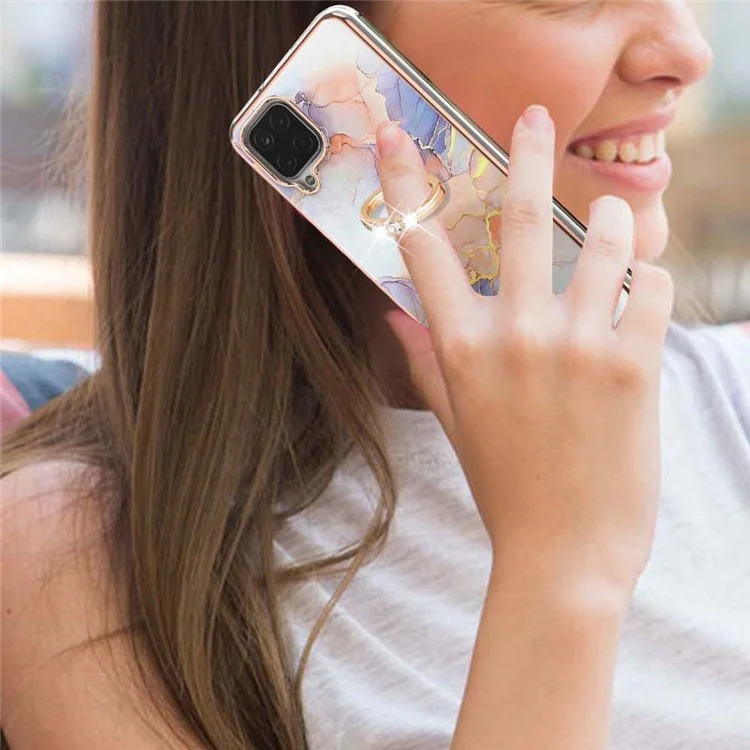 IMD Design Marble Pattern Soft TPU Phone Cover Back Protector Case with Ring Kickstand for Samsung Galaxy A12/M12/F12 - Milky Way Marble White