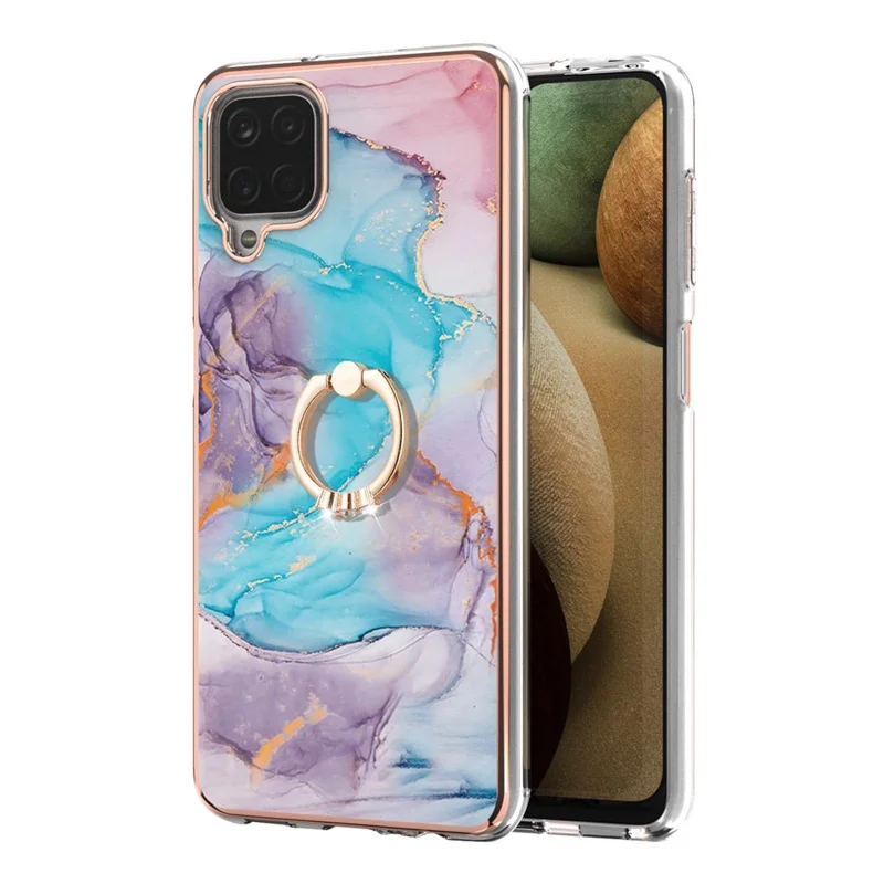 IMD Design Marble Pattern Soft TPU Phone Cover Back Protector Case with Ring Kickstand for Samsung Galaxy A12/M12/F12 - Milky Way Marble Blue