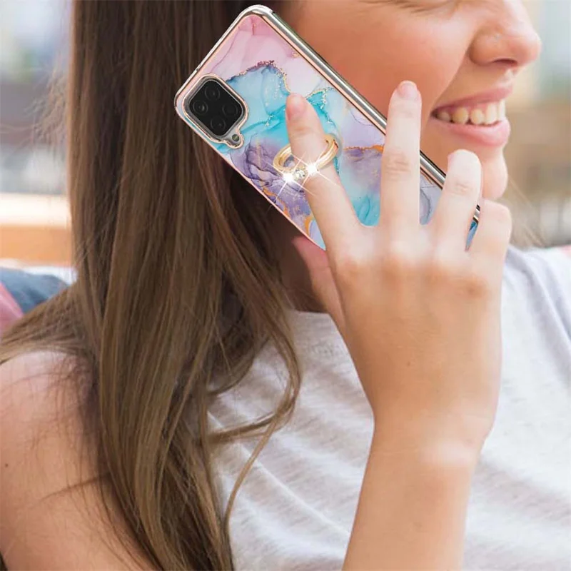 IMD Design Marble Pattern Soft TPU Phone Cover Back Protector Case with Ring Kickstand for Samsung Galaxy A12/M12/F12 - Milky Way Marble Blue