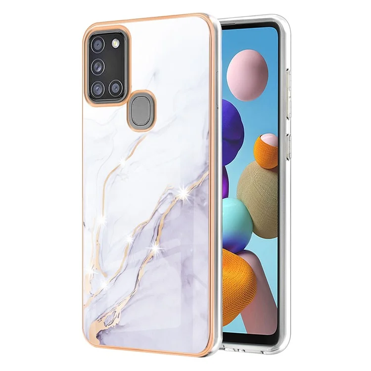 Marble Pattern Design Shockproof Soft TPU IMD Protective Case with Electroplate Frame for Samsung Galaxy A21s (Global Version) - White 006