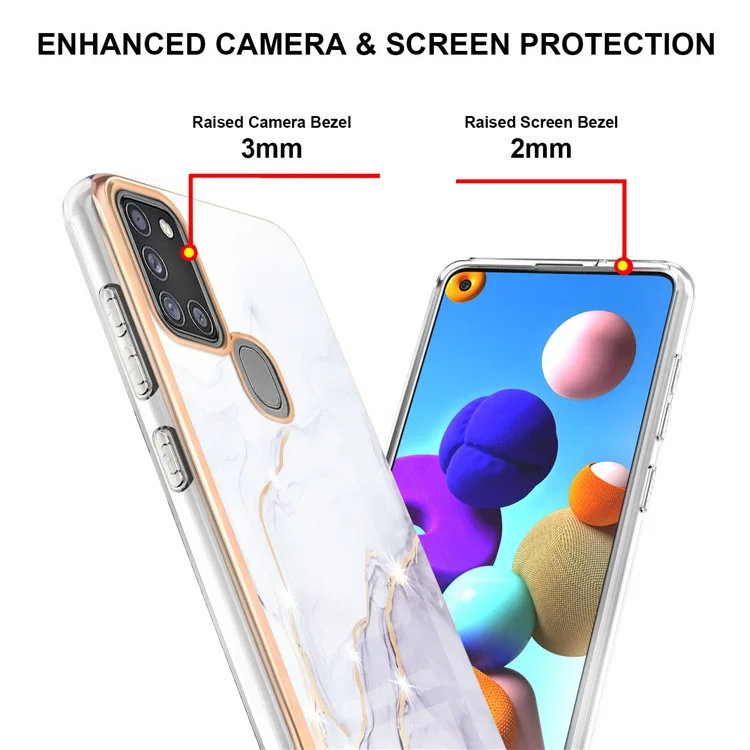 Custodia protettiva in TPU morbido con motivo a marmo e cornice placcata, compatibile con Samsung Galaxy A21s (versione globale) - Bianco 006