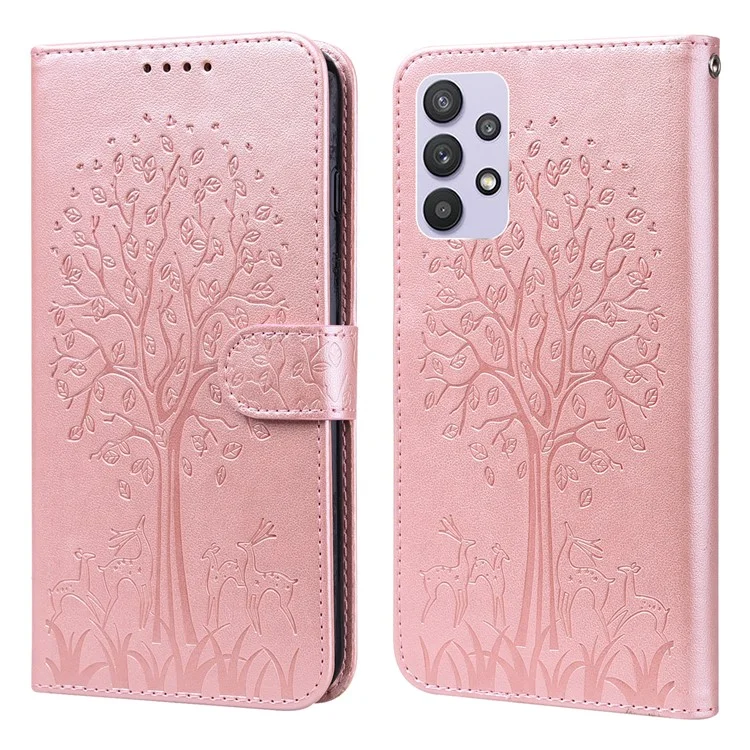 Imprinted Tree Deer Leather Wallet Stand Case Phone Cover Shell for Samsung Galaxy A32 5G / M32 5G - Rose Gold