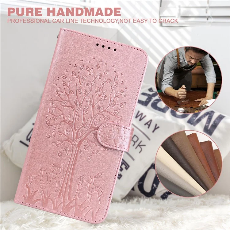 Imprinted Tree Deer Leather Wallet Stand Case Phone Cover Shell for Samsung Galaxy A32 5G / M32 5G - Rose Gold