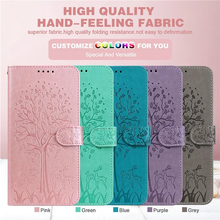 Imprinted Tree Deer Leather Wallet Stand Case Phone Cover Shell for Samsung Galaxy A32 5G / M32 5G - Rose Gold