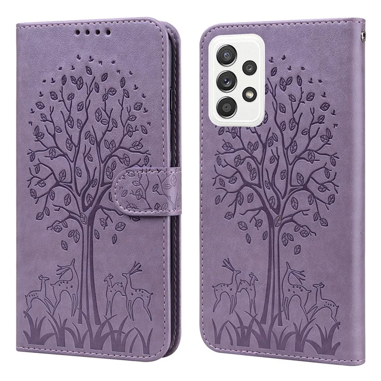 Tree and Deer Imprinted Leather Wallet Stand Phone Case with Double-sided Magnetic Clasp for Samsung Galaxy A52 5G/A52 4G/A52s 5G - Purple