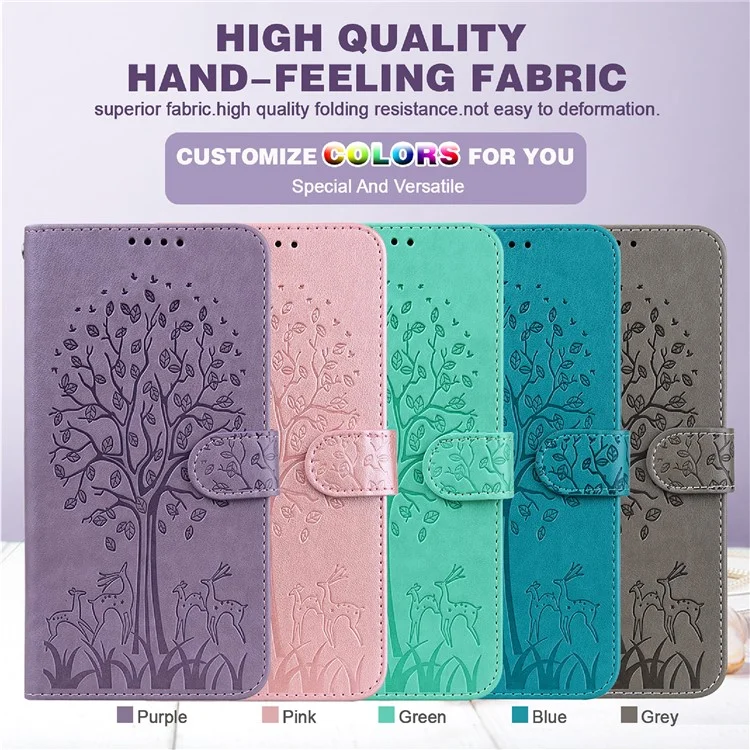 Tree and Deer Imprinted Leather Wallet Stand Phone Case with Double-sided Magnetic Clasp for Samsung Galaxy A52 5G/A52 4G/A52s 5G - Purple