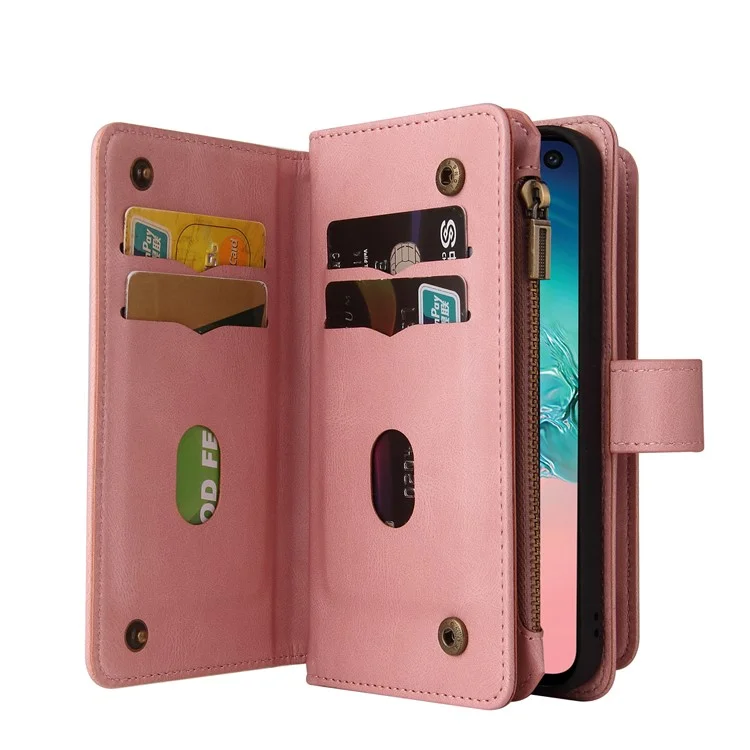 Série KT Multi-funcional-2 Folio Flip Phone Case para Samsung Galaxy S10e com Bolso com Zíper e Suporte - Rosa 