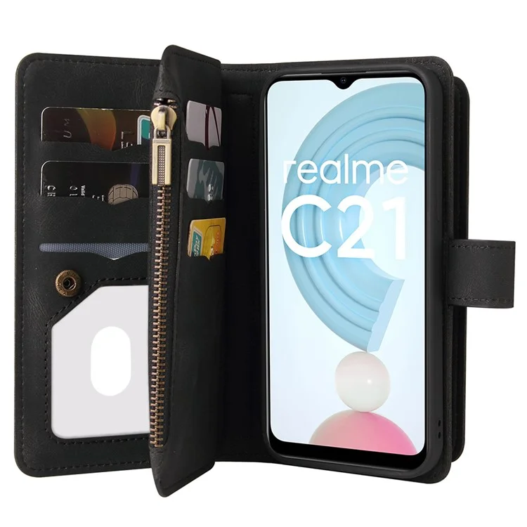 Para Realme C21 KT Série Multi-funcional-2 Capa de Carteira de Couro com Proteção Total, Sensação de Toque e Vários Slots de Cartão com Bolso com Zíper - Preto