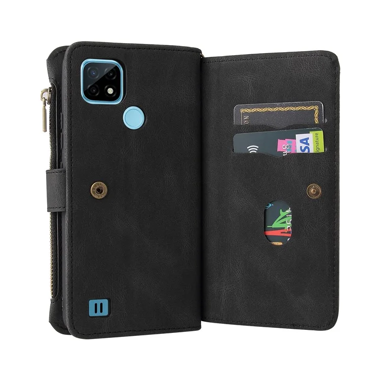 Para Realme C21 KT Série Multi-funcional-2 Capa de Carteira de Couro com Proteção Total, Sensação de Toque e Vários Slots de Cartão com Bolso com Zíper - Preto