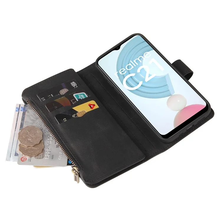 Para Realme C21 KT Série Multi-funcional-2 Capa de Carteira de Couro com Proteção Total, Sensação de Toque e Vários Slots de Cartão com Bolso com Zíper - Preto