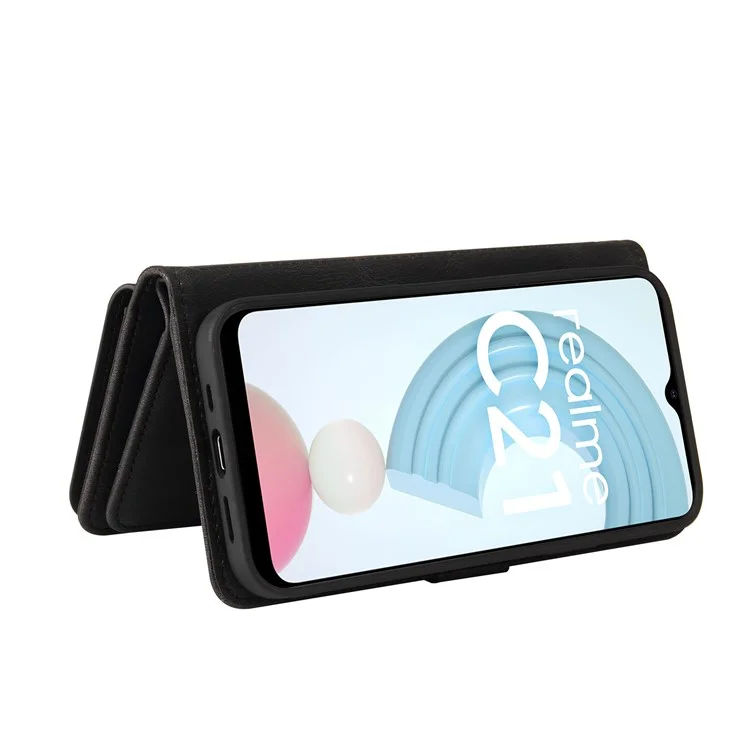 Para Realme C21 KT Série Multi-funcional-2 Capa de Carteira de Couro com Proteção Total, Sensação de Toque e Vários Slots de Cartão com Bolso com Zíper - Preto