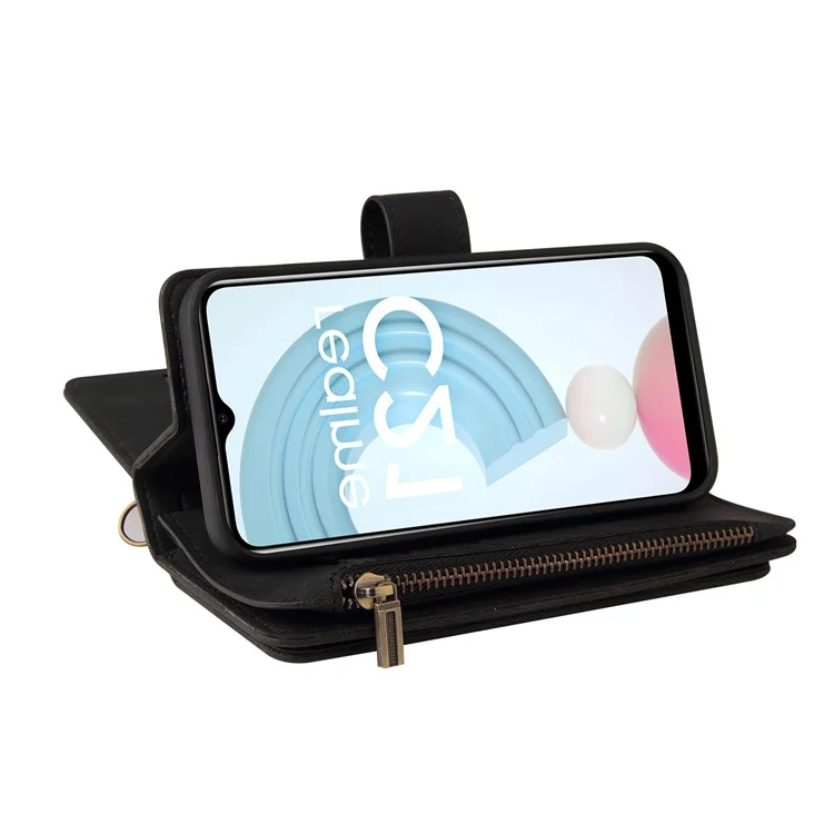 Para Realme C21 KT Série Multi-funcional-2 Capa de Carteira de Couro com Proteção Total, Sensação de Toque e Vários Slots de Cartão com Bolso com Zíper - Preto