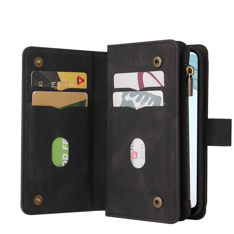 Para Realme C21 KT Série Multi-funcional-2 Capa de Carteira de Couro com Proteção Total, Sensação de Toque e Vários Slots de Cartão com Bolso com Zíper - Preto