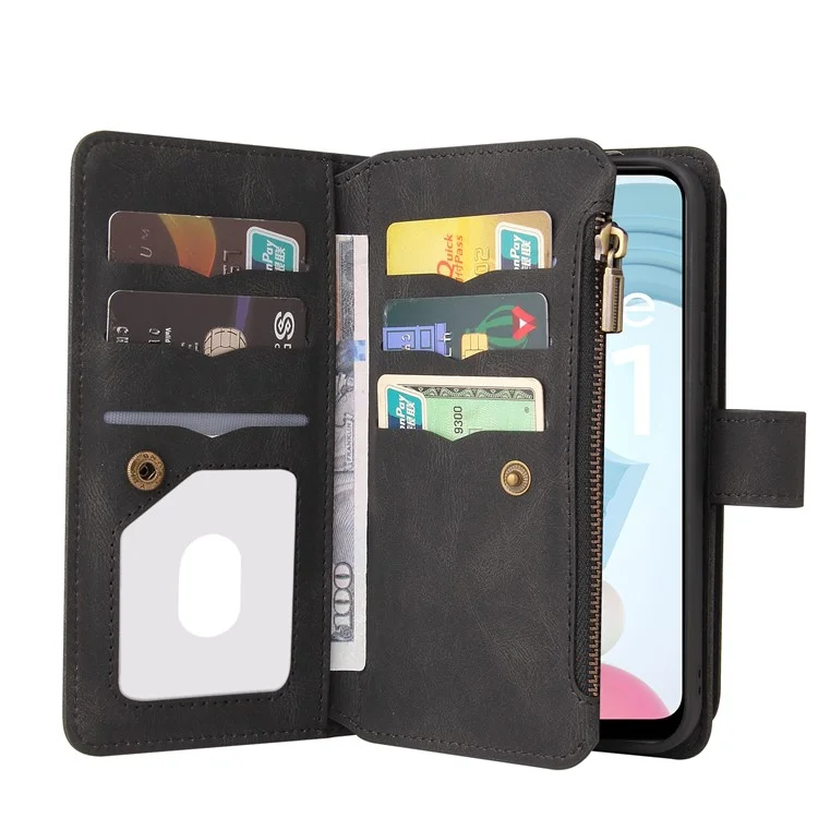 Para Realme C21 KT Série Multi-funcional-2 Capa de Carteira de Couro com Proteção Total, Sensação de Toque e Vários Slots de Cartão com Bolso com Zíper - Preto
