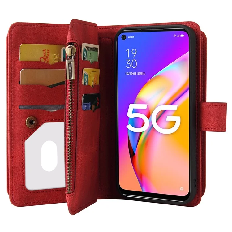 Pour Oppo A54 5G / A74 5G / A93 5G KT Multifonctionnel Série-2 Frame TPU à Choc de Choc + Cutanée Cutanée Cas de Support de Portefeuille en Cuir Avec Plusieurs Emplacements de Carte et Poche à Fermeture Éclair - Rouge