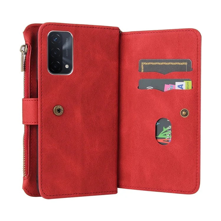 For Oppo A54 5G/A74 5G/A93 5G KT Multi-functional Series-2 Shockproof TPU Frame + Skin-touch Feel Leather Wallet Stand Case with Multiple Card Slots and Zipper Pocket - Red