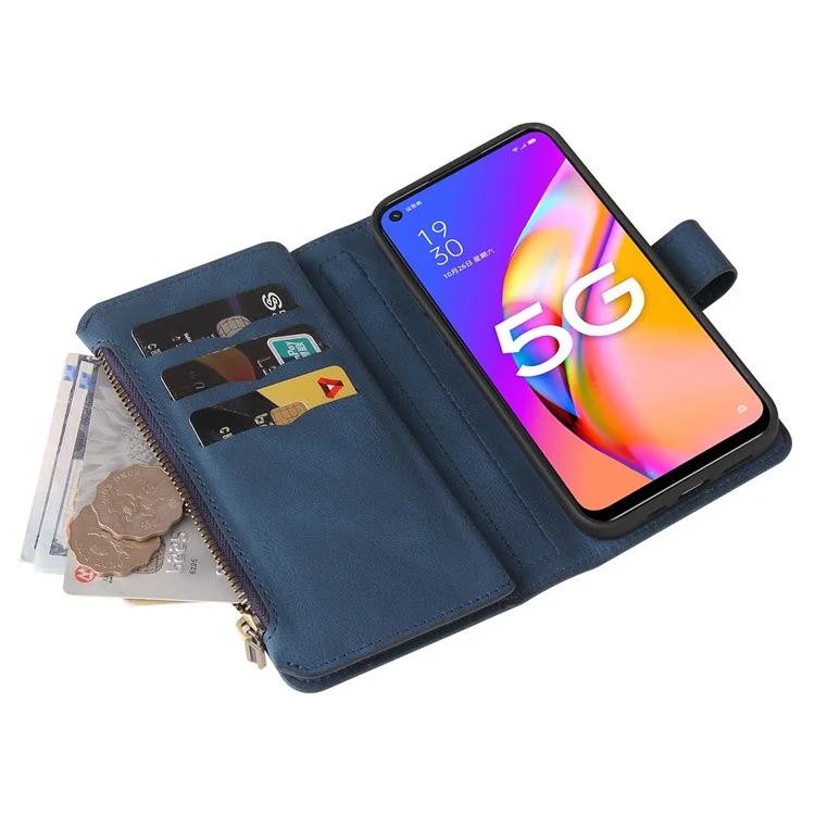 Для Oppo A54 5G/A74 5G/A93 5G KT Multi-functional Series-2 Ударопрочный чехол-кошелек с TPU-рамкой и кожаным покрытием, со множеством слотов для карт и карманом на молнии - синий
