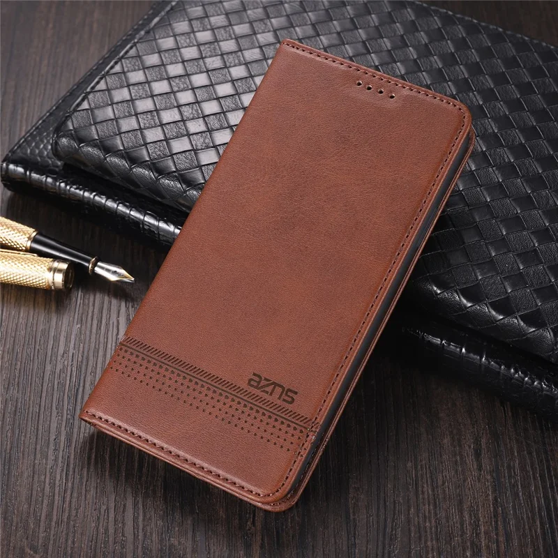 AZNS Wallet Design PU Leather Shockproof  Phone Cover Case for Samsung Galaxy M32 (Global Version) - Coffee