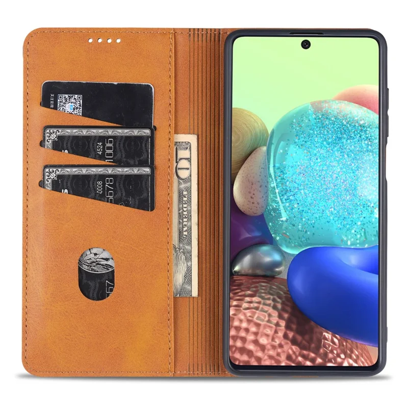 AZNS Wallet Design PU Leather Shockproof  Phone Cover Case for Samsung Galaxy M32 (Global Version) - Coffee