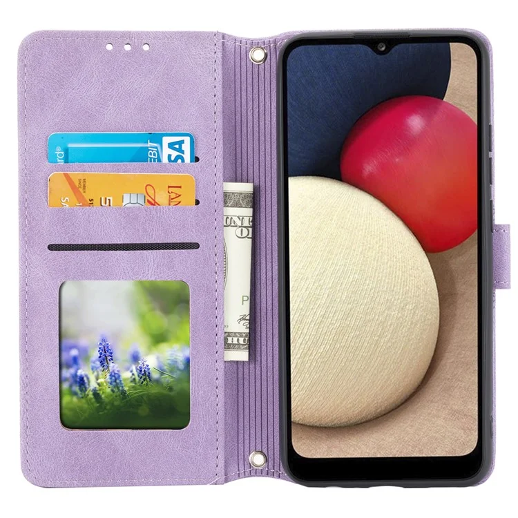 Imprint Pattern Leather Phone Stand Wallet Cover Protective Shell for Samsung Galaxy A03s (166.5 x 75.98 x 9.14mm) - Light Purple