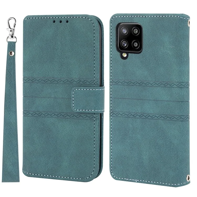 Skin-touch Feel Imprinted PU Leather Wallet Stand Phone Case Cover with Wrist Strap for Samsung Galaxy A12 - Blackish Green