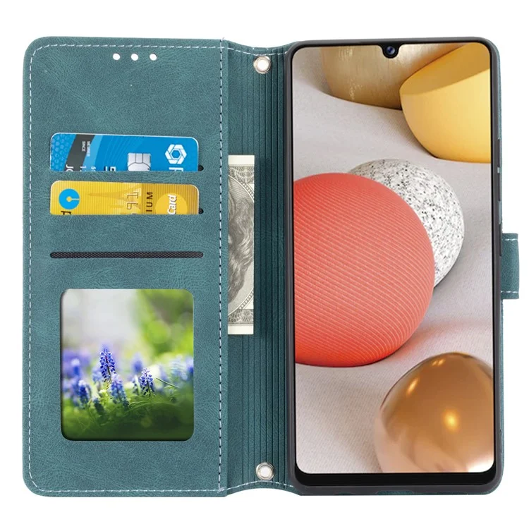 Skin-touch Feel Imprinted PU Leather Wallet Stand Phone Case Cover with Wrist Strap for Samsung Galaxy A12 - Blackish Green