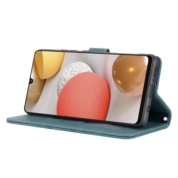 Skin-touch Feel Imprinted PU Leather Wallet Stand Phone Case Cover with Wrist Strap for Samsung Galaxy A12 - Blackish Green