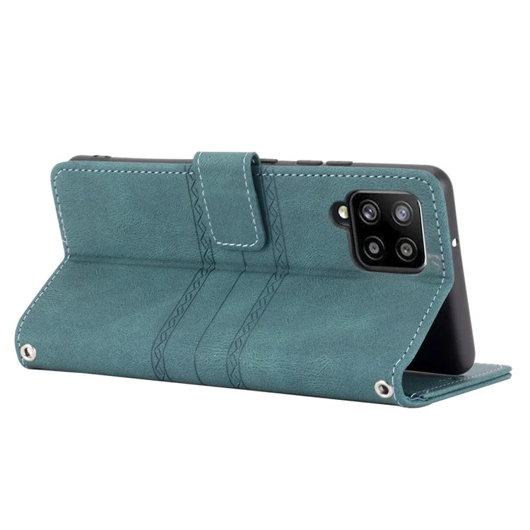Skin-touch Feel Imprinted PU Leather Wallet Stand Phone Case Cover with Wrist Strap for Samsung Galaxy A12 - Blackish Green