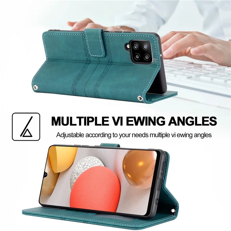 Skin-touch Feel Imprinted PU Leather Wallet Stand Phone Case Cover with Wrist Strap for Samsung Galaxy A12 - Blackish Green