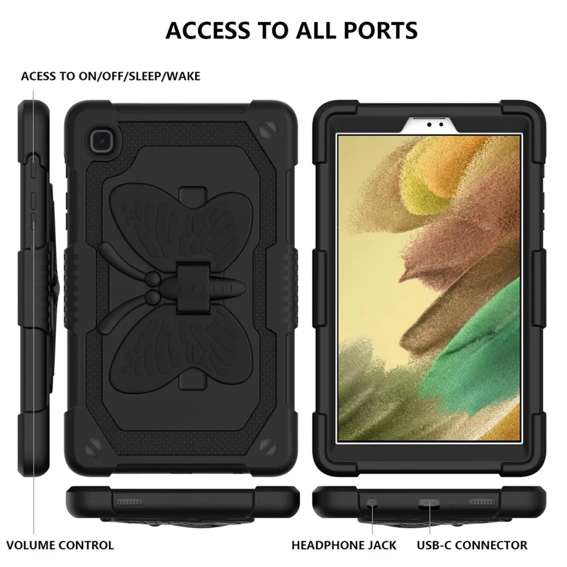 Butterfly Shape Kickstand Solid Color PC + Silicone Tablet Case Protective Shell with Shoulder Strap for Samsung Galaxy Tab A7 Lite 8.7-inch - Black