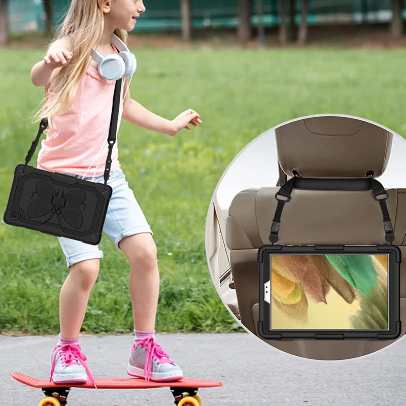 Butterfly Shape Kickstand Solid Color PC + Silicone Tablet Case Protective Shell with Shoulder Strap for Samsung Galaxy Tab A7 Lite 8.7-inch - Black