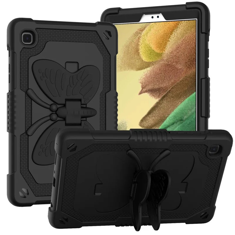 Butterfly Shape Kickstand Solid Color PC + Silicone Tablet Case Protective Shell with Shoulder Strap for Samsung Galaxy Tab A7 Lite 8.7-inch - Black