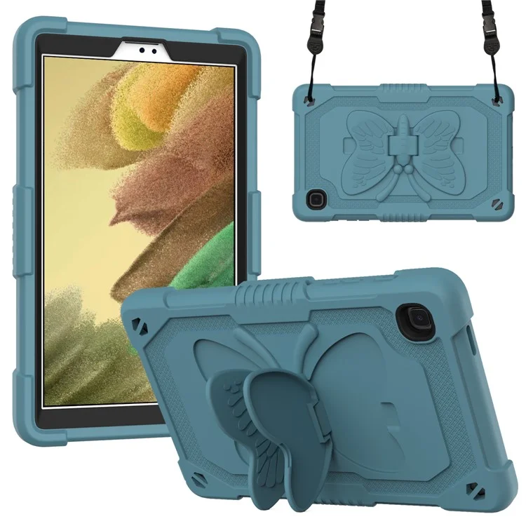 Schmetterlingförmiger Kickstand Einfarbige PC + Silikon Tablet-Schutzhülle Schutzhülle mit Schultergurt für Samsung Galaxy Tab A7 Lite 8,7 Zoll - Schwärzlichgrün