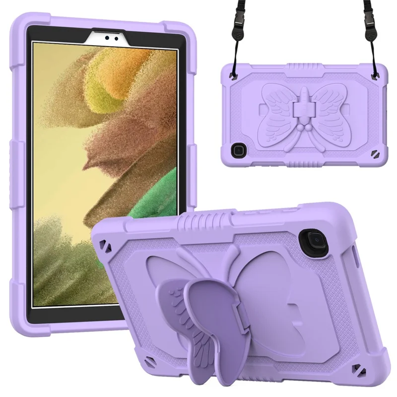 Butterfly Shape Kickstand Solid Color PC + Silicone Tablet Case Protective Shell with Shoulder Strap for Samsung Galaxy Tab A7 Lite 8.7-inch - Purple