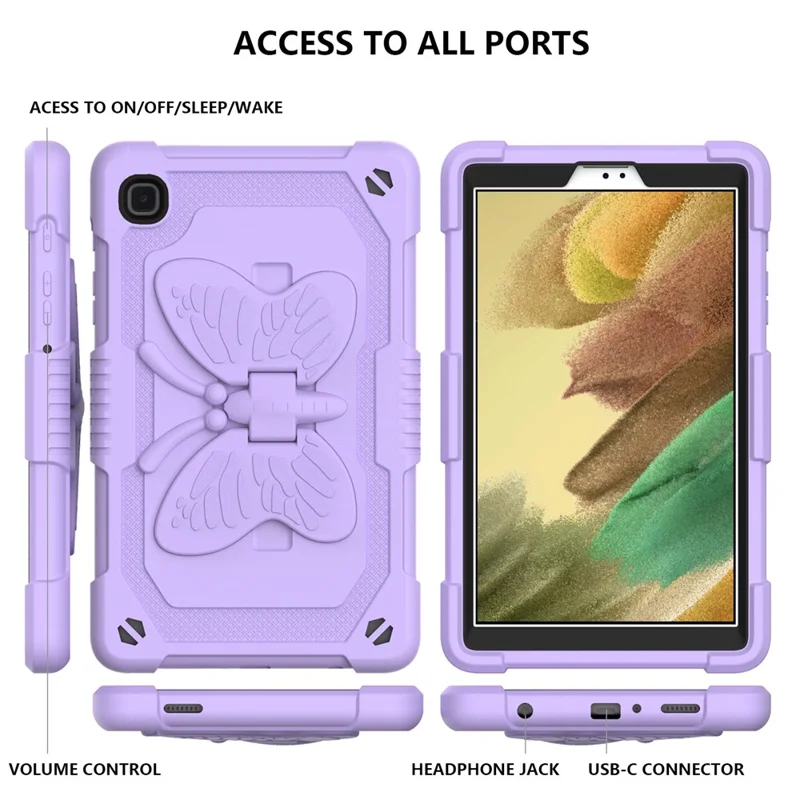 Butterfly Shape Kickstand Solid Color PC + Silicone Tablet Case Protective Shell with Shoulder Strap for Samsung Galaxy Tab A7 Lite 8.7-inch - Purple