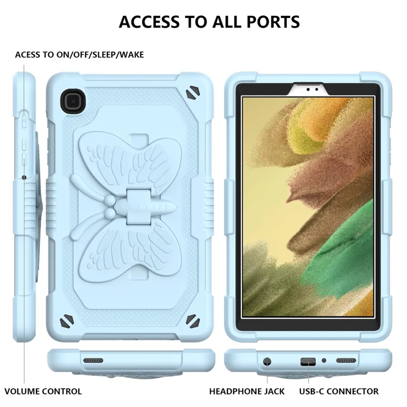 Butterfly Shape Kickstand Solid Color PC + Silicone Tablet Case Protective Shell with Shoulder Strap for Samsung Galaxy Tab A7 Lite 8.7-inch - Blue